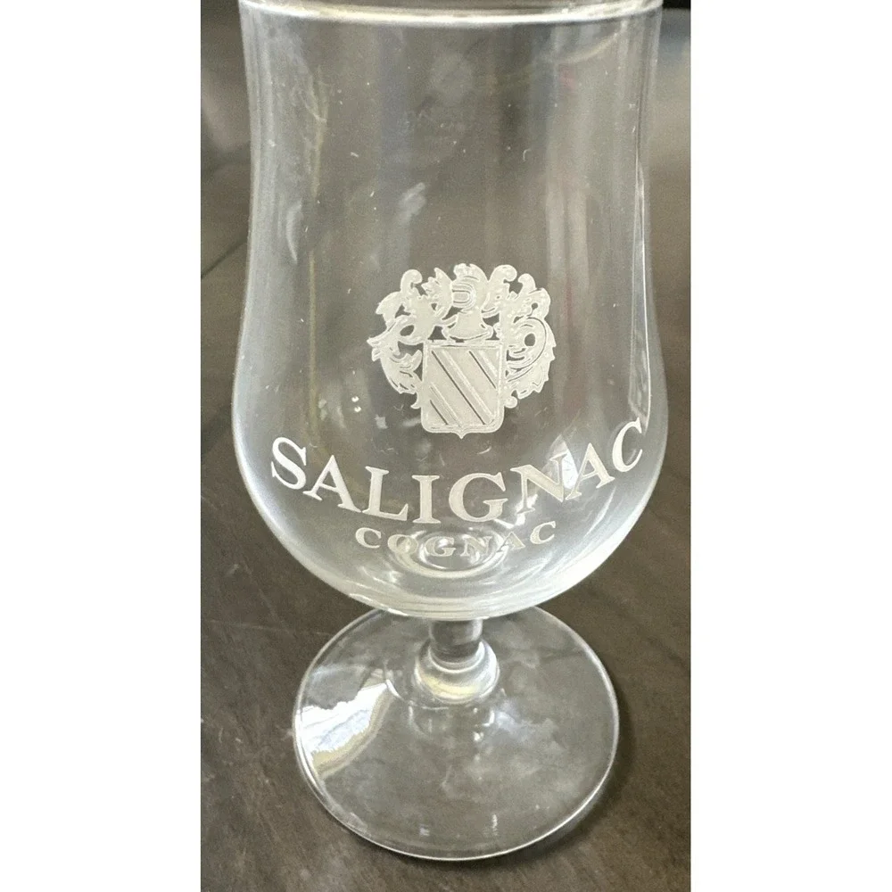 1 Salignac Cognac Glass White Embossed Lettering with Logo 4  1/2 